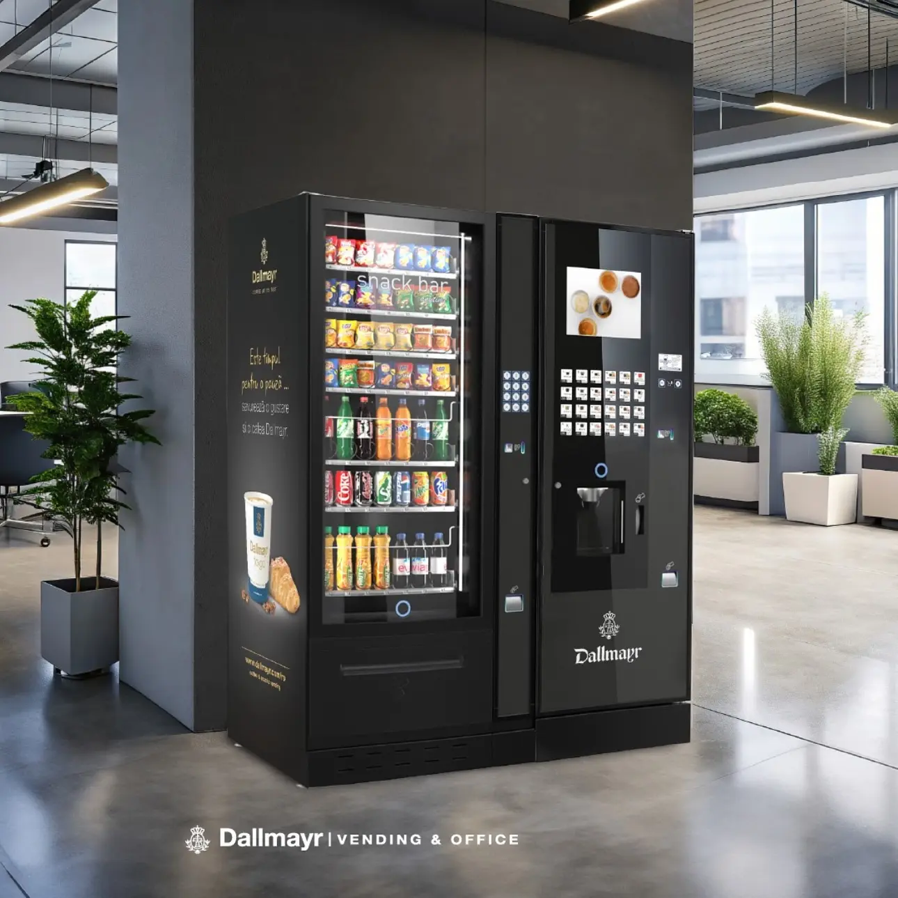 Aparate Dallmayr Iași pentru cafea și snack-uri, instalate în spații de birouri moderne.
